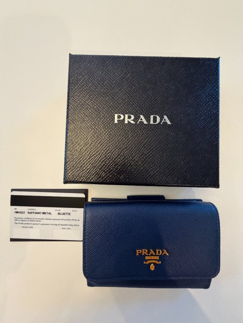 PRADA Trifold Wallet Saffiano Leather Blue NWT
